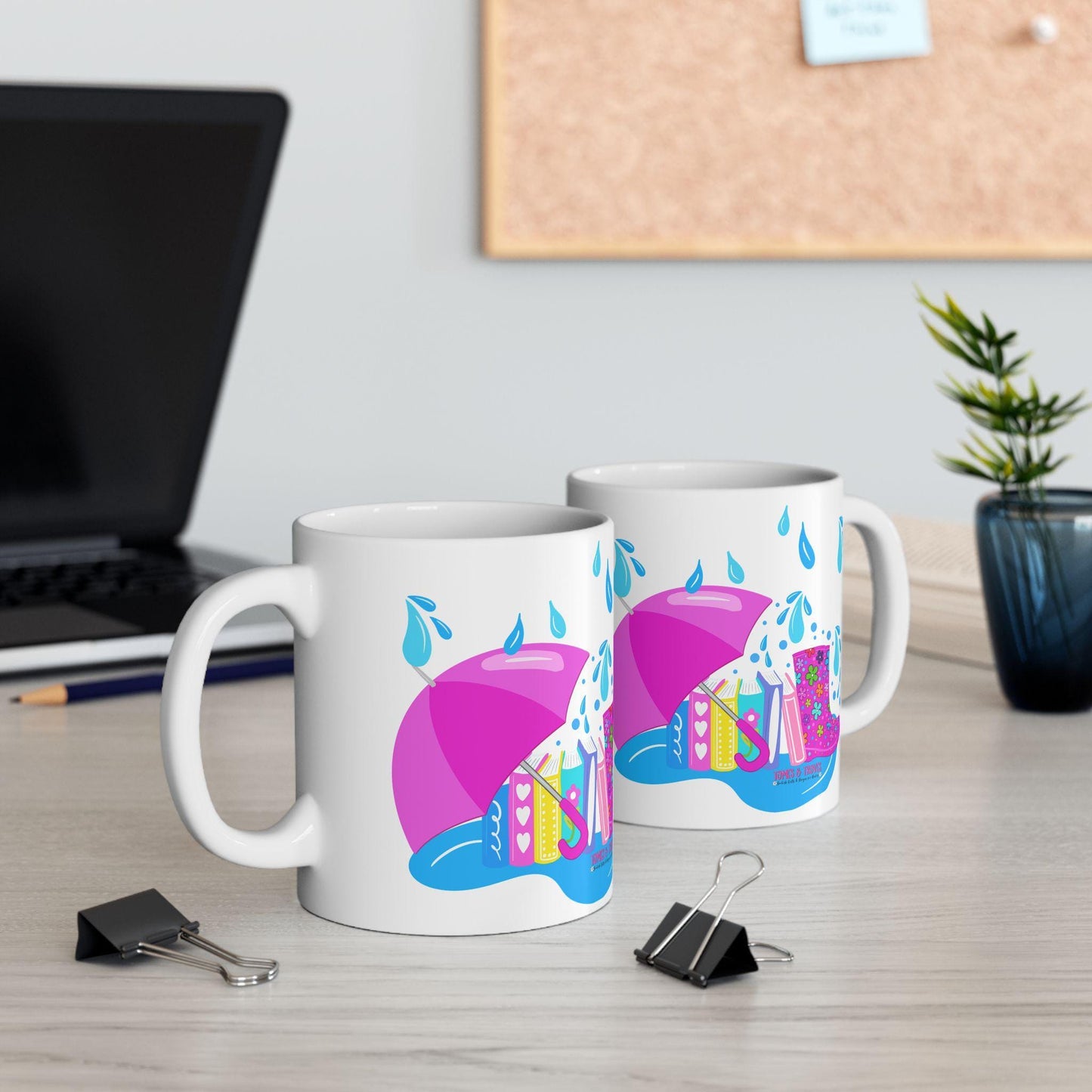 Hand drawn Colorful Rain Boot Ceramic Mug, Fun Hot Beverage Cup, Cute Kitchen Decor, Springtime Essentials, 11oz - Tomes and Troves