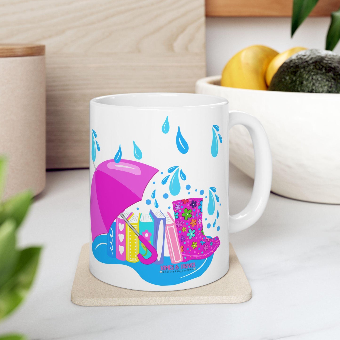 Hand drawn Colorful Rain Boot Ceramic Mug, Fun Hot Beverage Cup, Cute Kitchen Decor, Springtime Essentials, 11oz - Tomes and Troves