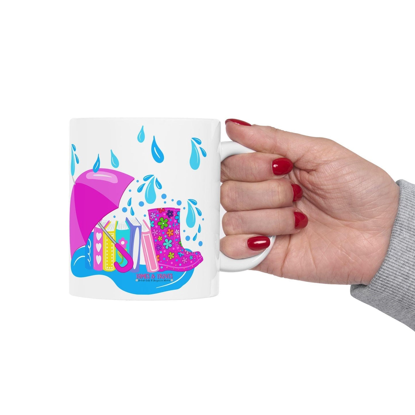 Hand drawn Colorful Rain Boot Ceramic Mug, Fun Hot Beverage Cup, Cute Kitchen Decor, Springtime Essentials, 11oz - Tomes and Troves