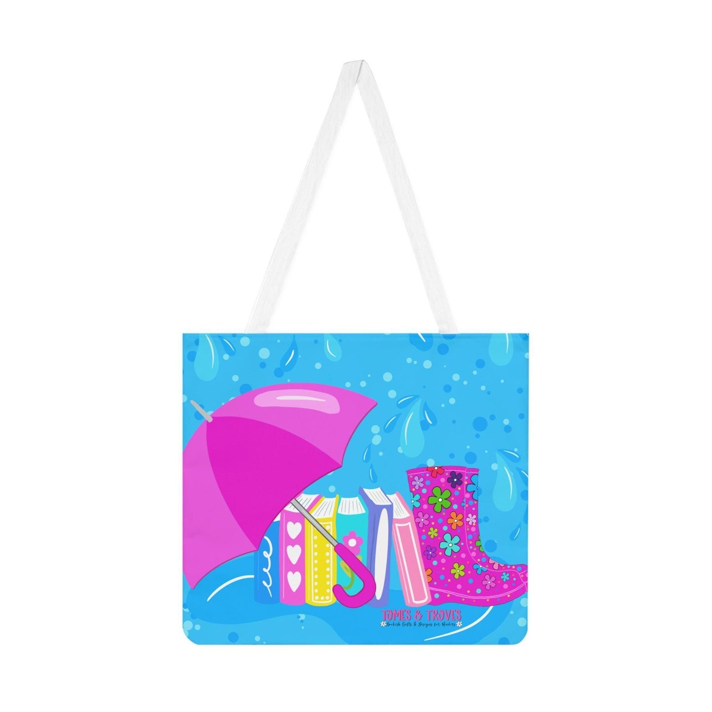Rainy Day hand drawn Shoulder Tote Bag - Colorful Umbrella, Books & Rain Boots Design, Perfect for Spring, Beach, Shopping, Gifts - Tomes and Troves