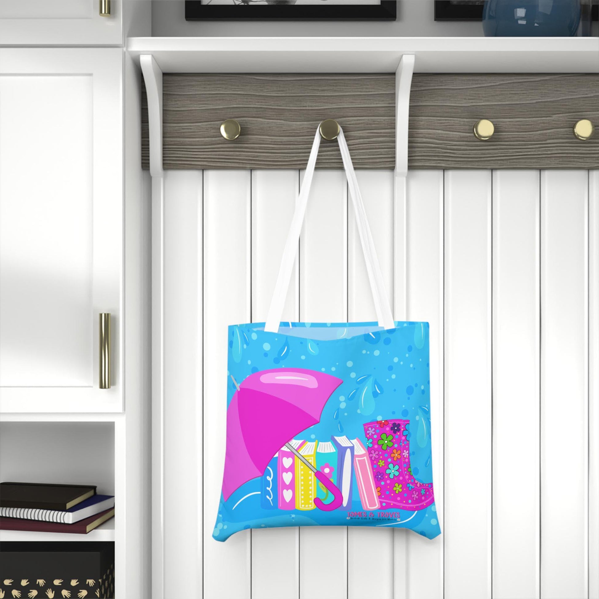 Rainy Day hand drawn Shoulder Tote Bag - Colorful Umbrella, Books & Rain Boots Design, Perfect for Spring, Beach, Shopping, Gifts - Tomes and Troves