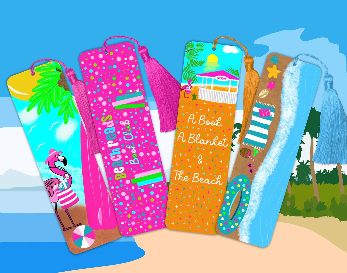 Beach Reads Bookmark set of 4 Laminated Hand-Drawn Bookmark for Book Lovers bookish gift - Tomes and Troves