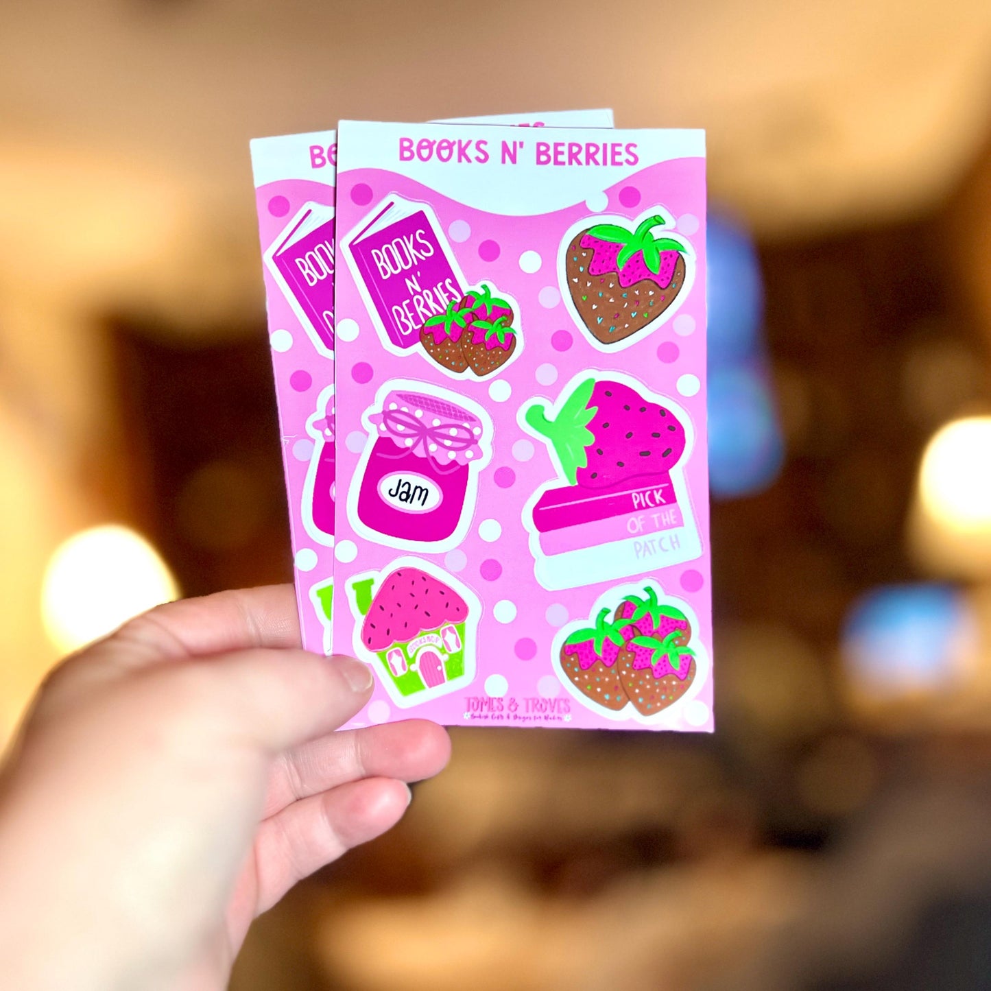 Books N’ Berries Sticker Sheet – Cute Strawberry-Themed Bookish Stickers, Chocolate-Covered Strawberries, Book Lover Stickers, Jam Jar, Book - Tomes and Troves