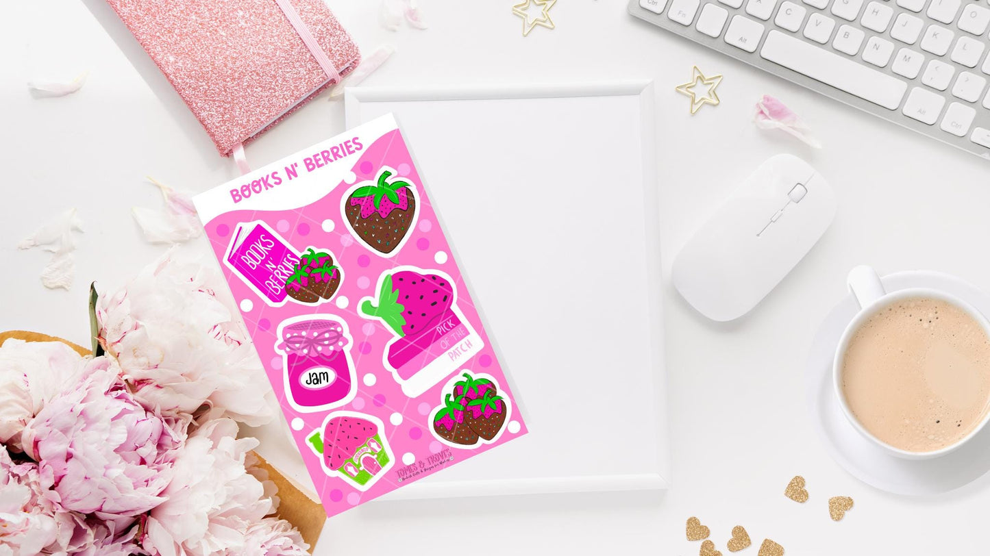 Books N’ Berries Sticker Sheet – Cute Strawberry-Themed Bookish Stickers, Chocolate-Covered Strawberries, Book Lover Stickers, Jam Jar, Book - Tomes and Troves