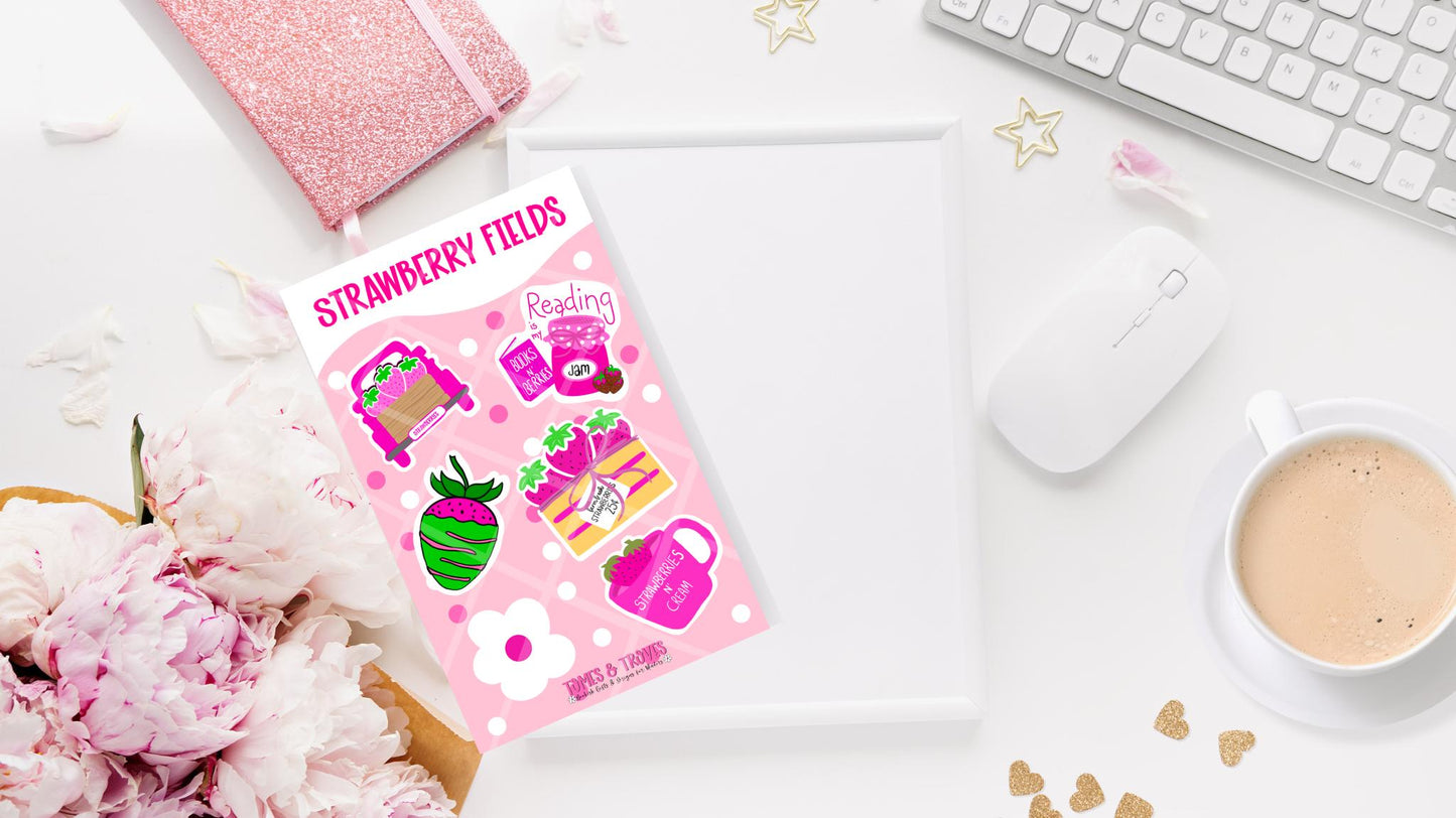 Strawberry Field Sticker Sheet – Cute Strawberry-Themed Bookish Stickers, Chocolate-Covered Strawberries, Book Lover Stickers, Jam Jar, Book - Tomes and Troves