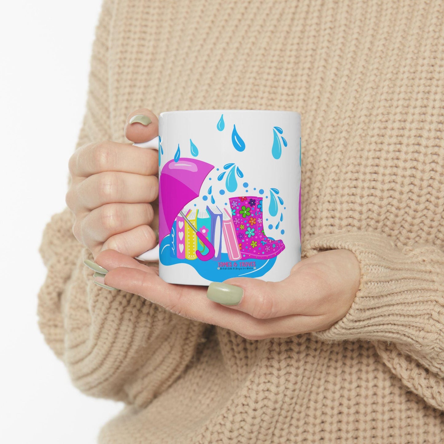 Hand drawn Colorful Rain Boot Ceramic Mug, Fun Hot Beverage Cup, Cute Kitchen Decor, Springtime Essentials, 11oz - Tomes and Troves