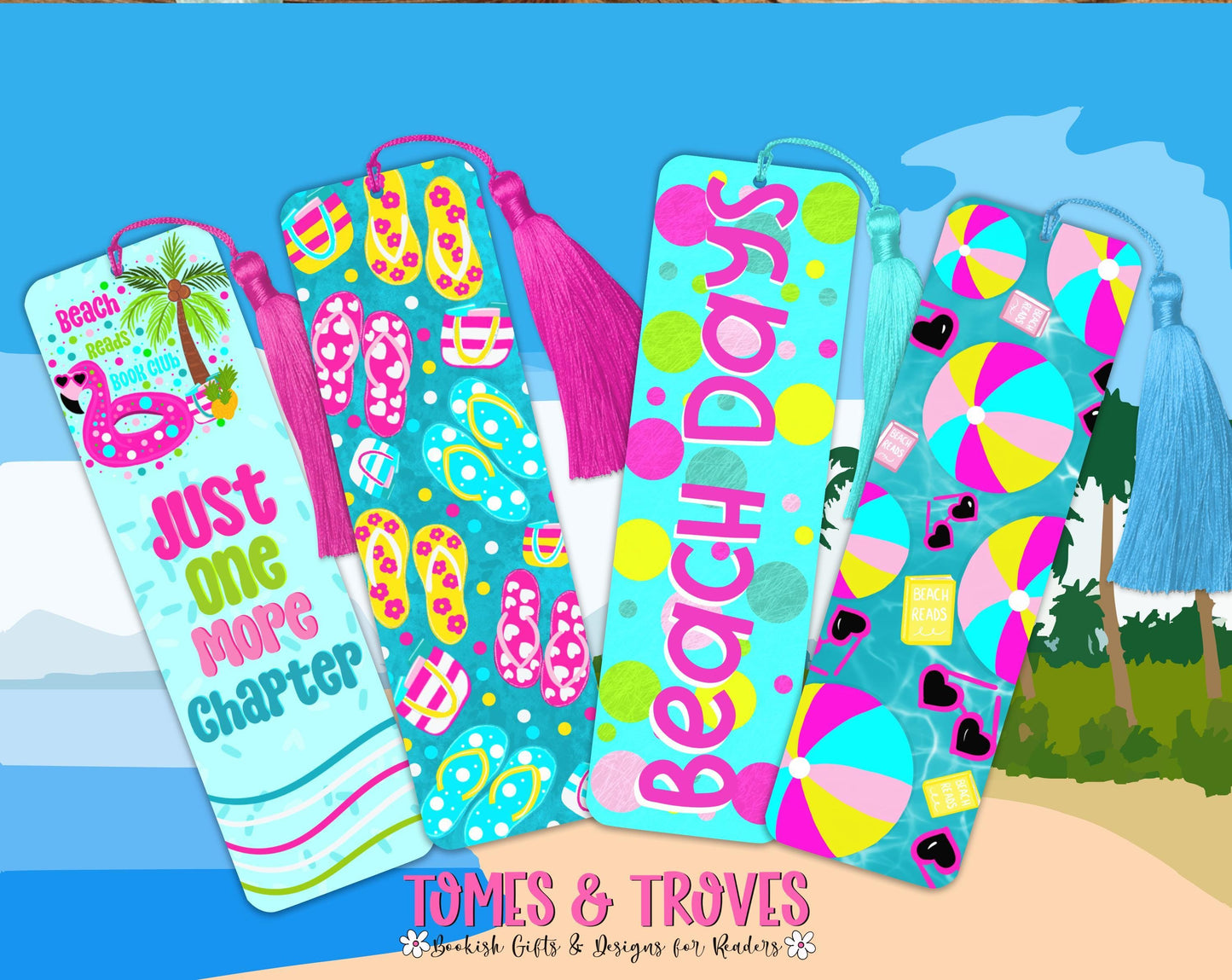 Bookmark set of 4 Laminated Hand-Drawn Beachy bookish Bookmark for Book Lovers bookish gift - Tomes and Troves