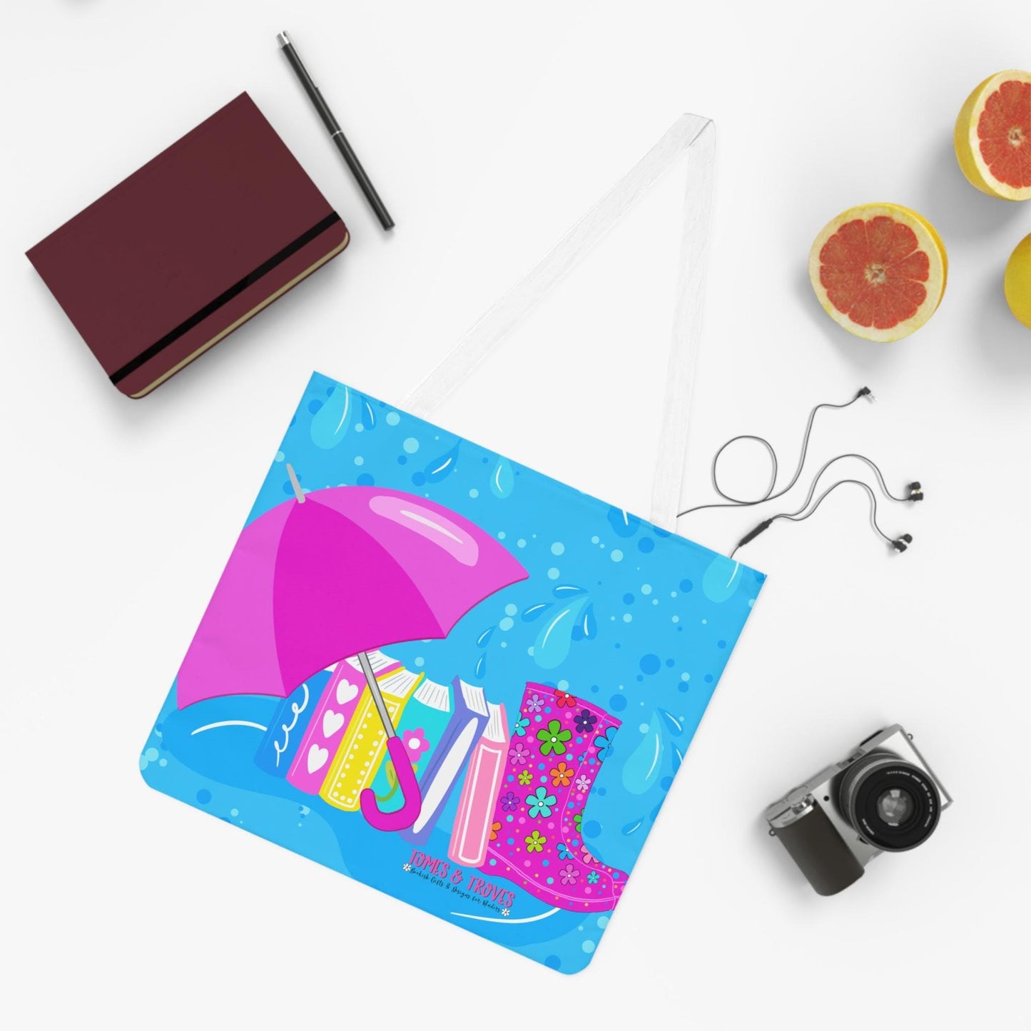 Rainy Day hand drawn Shoulder Tote Bag - Colorful Umbrella, Books & Rain Boots Design, Perfect for Spring, Beach, Shopping, Gifts - Tomes and Troves