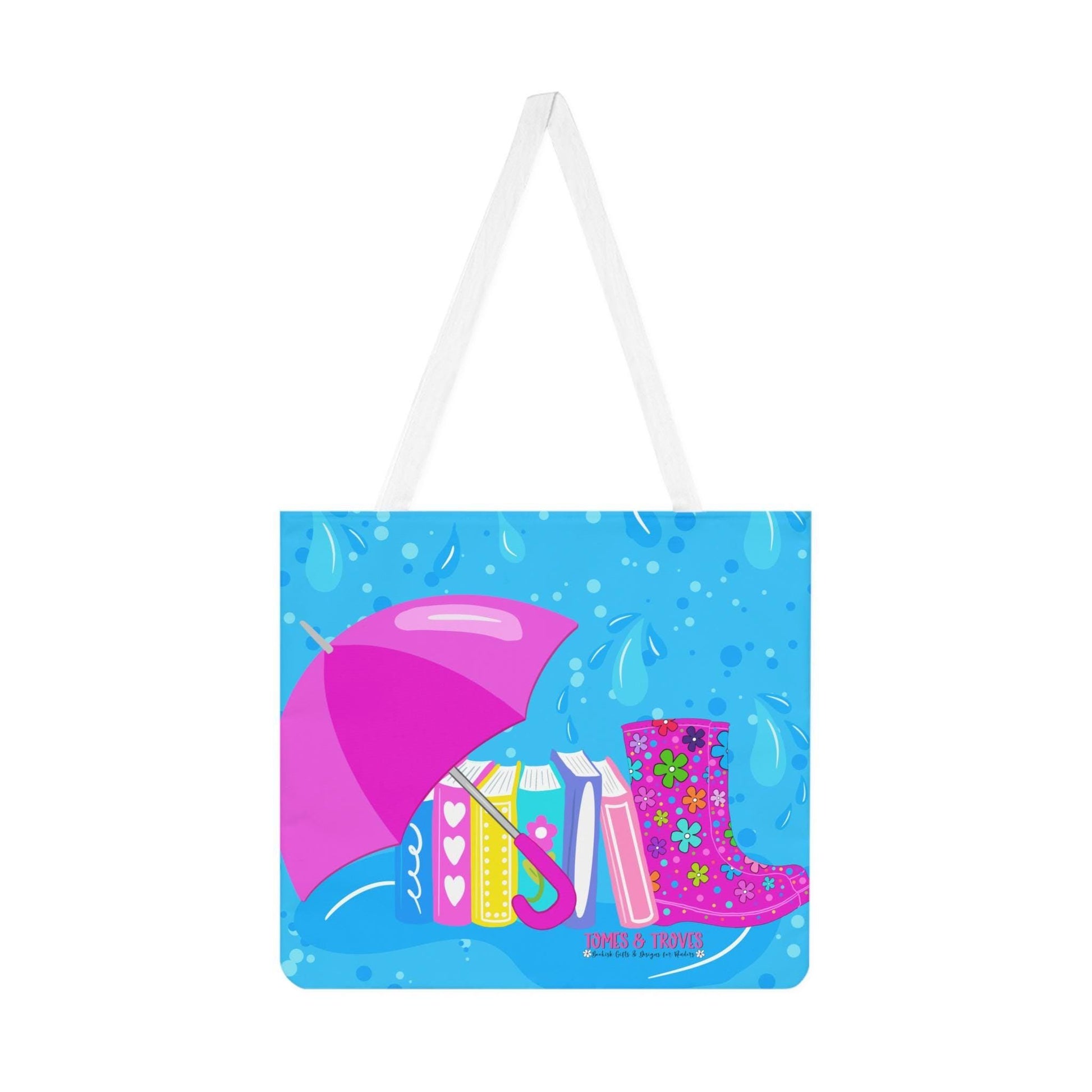 Rainy Day hand drawn Shoulder Tote Bag - Colorful Umbrella, Books & Rain Boots Design, Perfect for Spring, Beach, Shopping, Gifts - Tomes and Troves