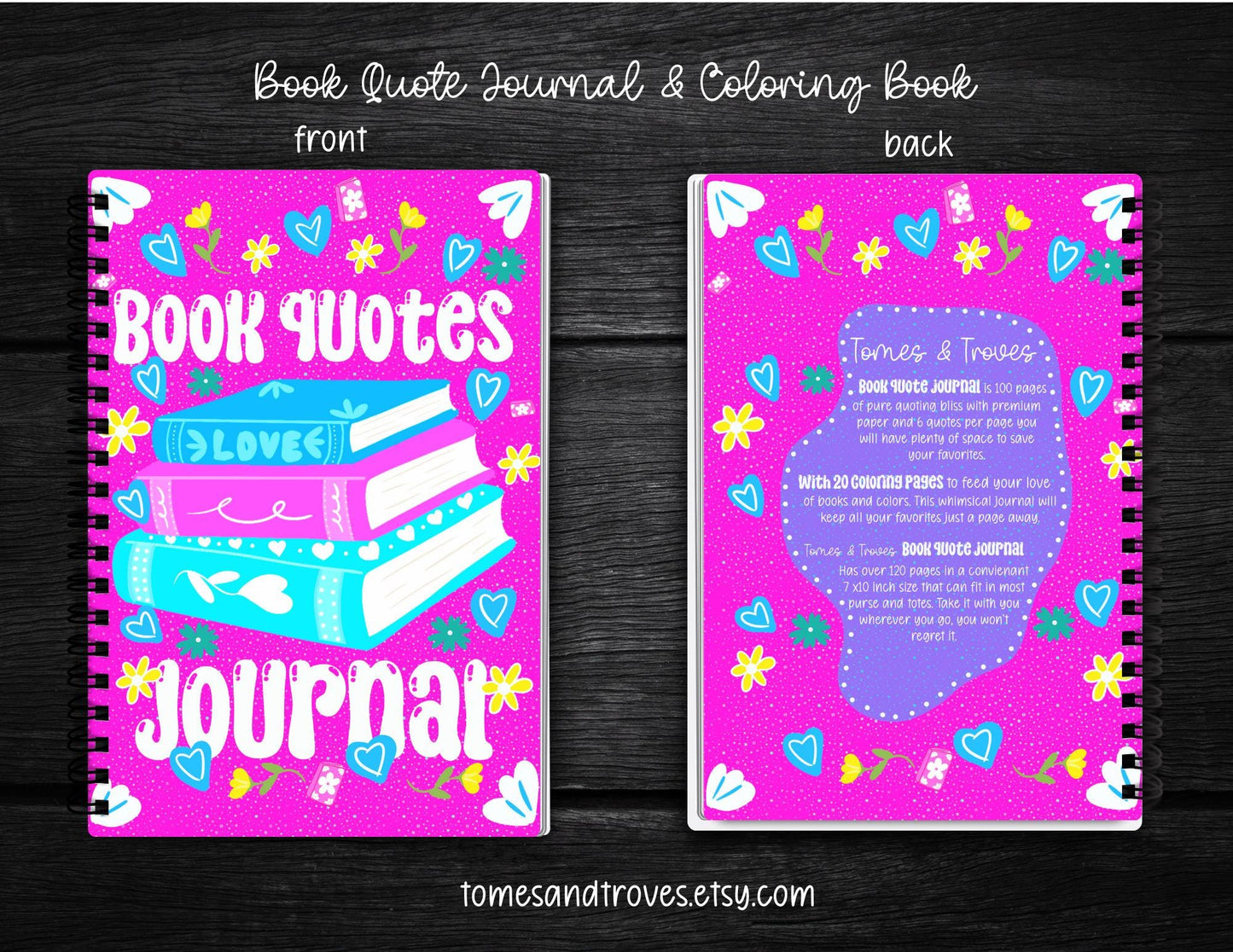 Personalized Book Quote Journal Coloring Book Handmade Hand-Drawn Literary Journal Bookish Coloring Pages, Reader Gift