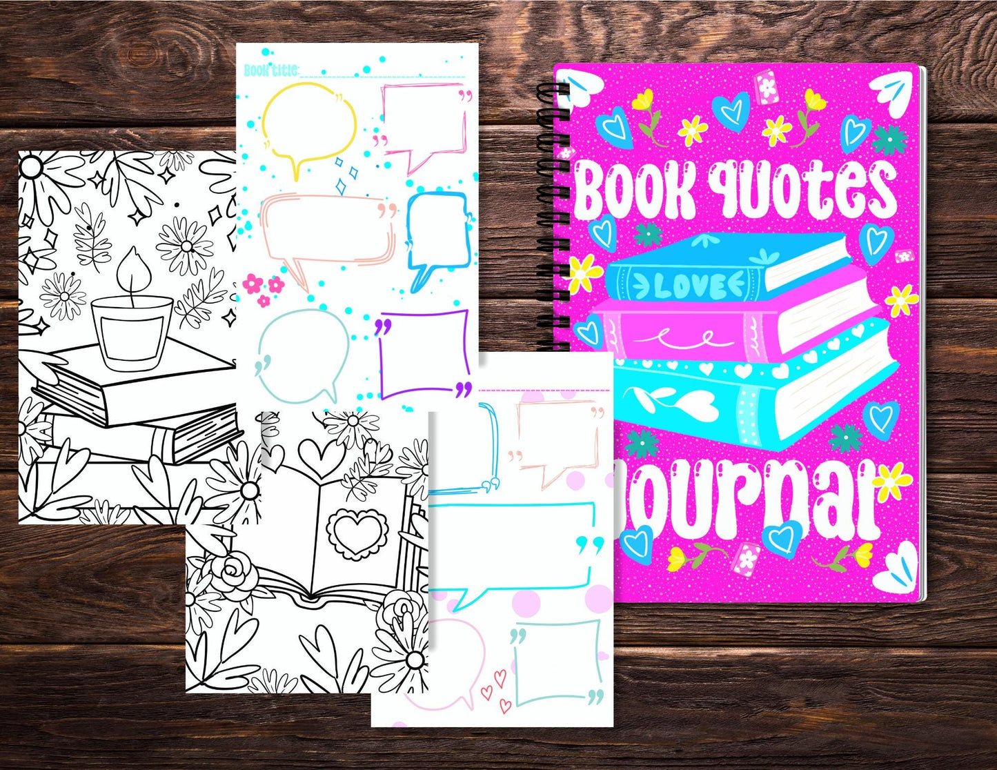 Personalized Book Quote Journal Coloring Book Handmade Hand-Drawn Literary Journal Bookish Coloring Pages, Reader Gift