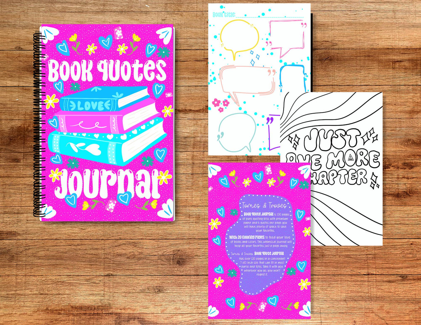 Personalized Book Quote Journal Coloring Book Handmade Hand-Drawn Literary Journal Bookish Coloring Pages, Reader Gift