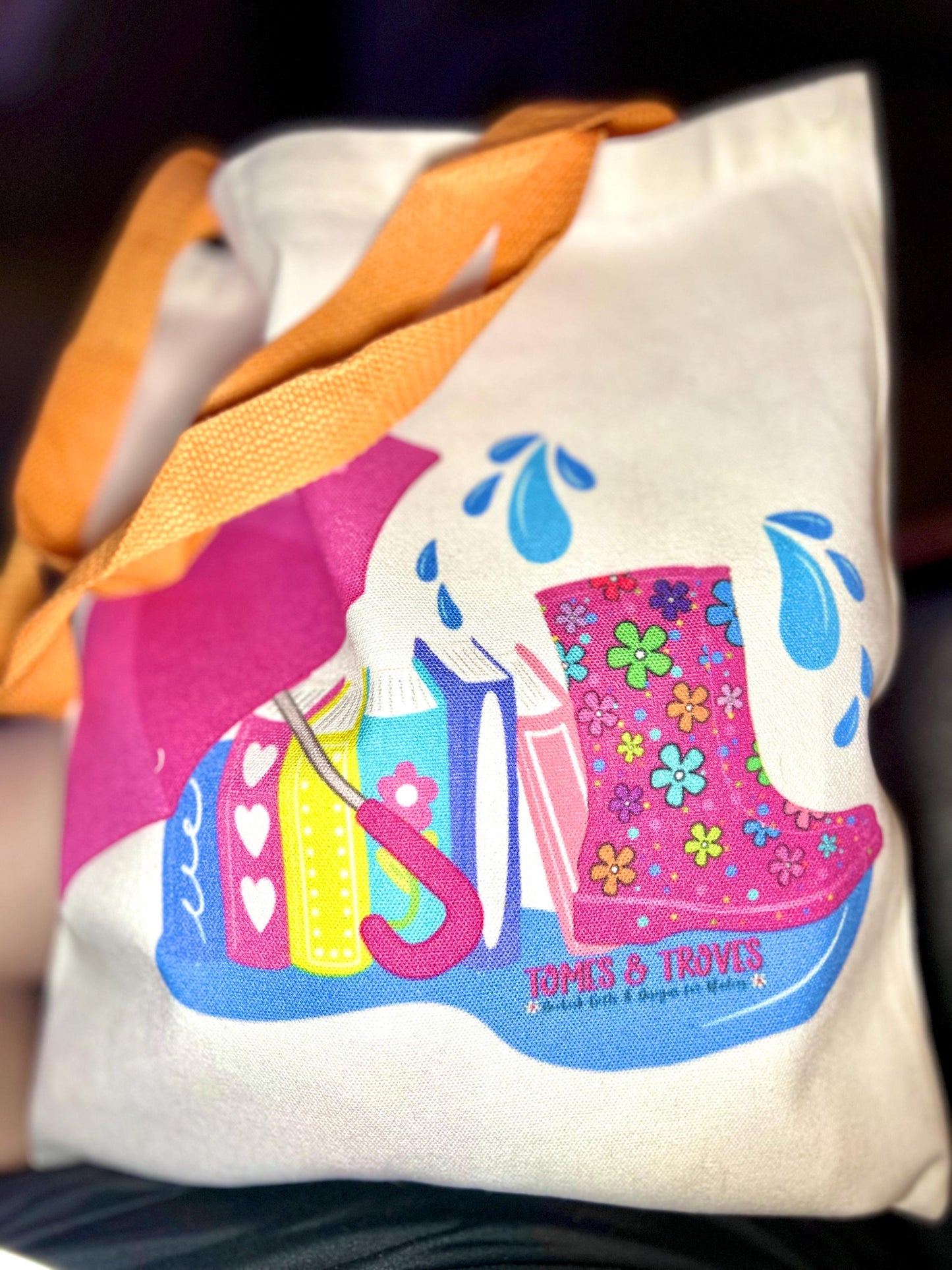 Rainy Day Puddle Jumping Canvas Tote Bag | Whimsical Book Lover Gift | Floral Rain Boot Bag | Cute Reusable Tote for Readers | Bookish Aesth - Tomes and Troves