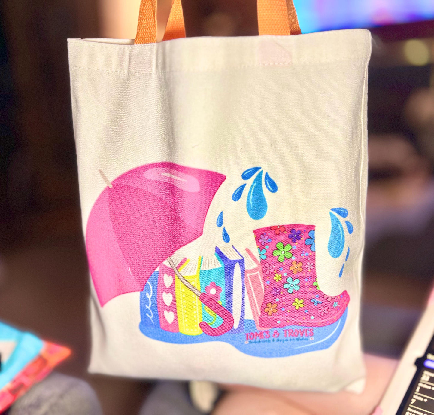 Rainy Day Puddle Jumping Canvas Tote Bag | Whimsical Book Lover Gift | Floral Rain Boot Bag | Cute Reusable Tote for Readers | Bookish Aesth - Tomes and Troves