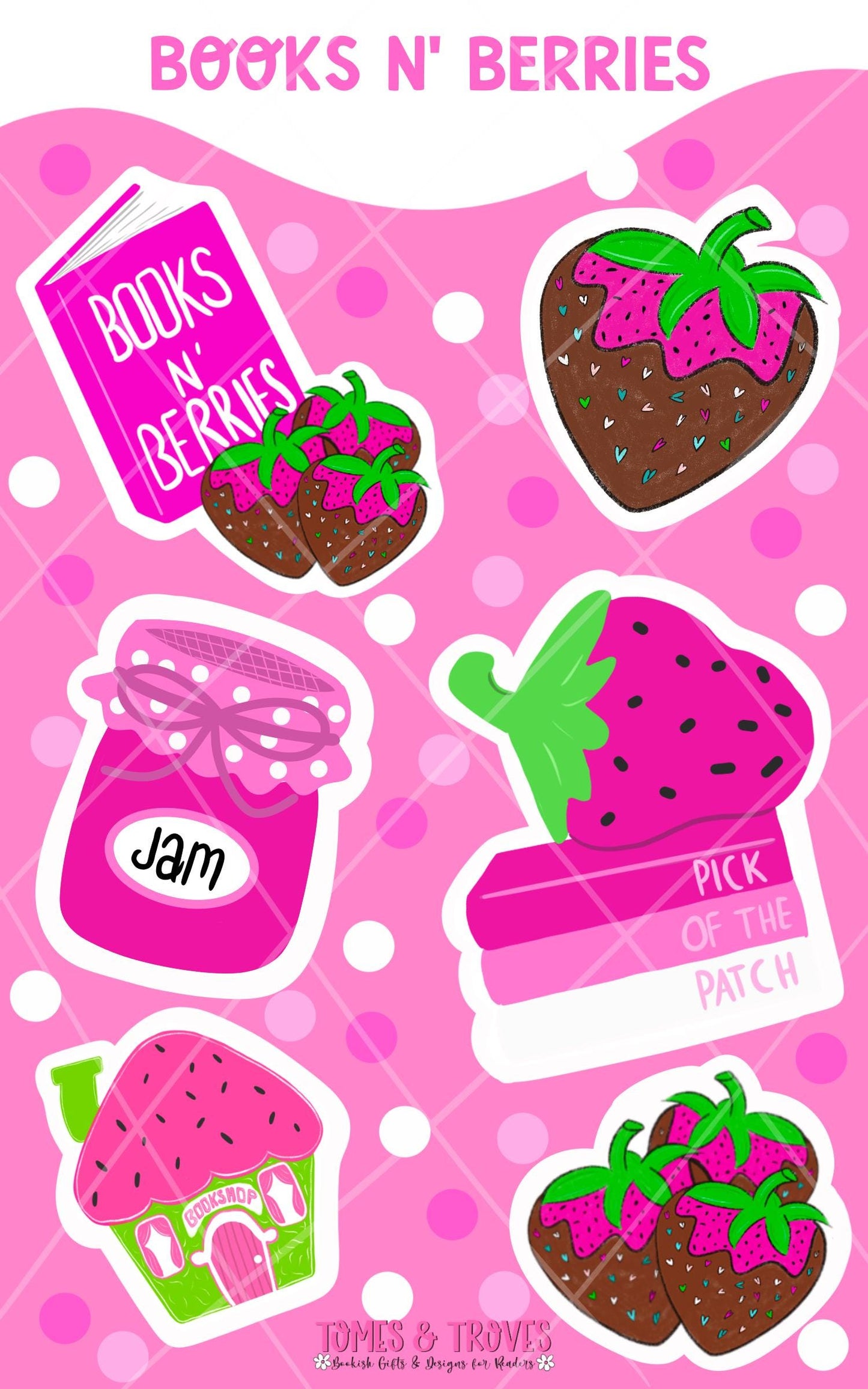 Books N’ Berries Sticker Sheet – Cute Strawberry-Themed Bookish Stickers, Chocolate-Covered Strawberries, Book Lover Stickers, Jam Jar, Book - Tomes and Troves