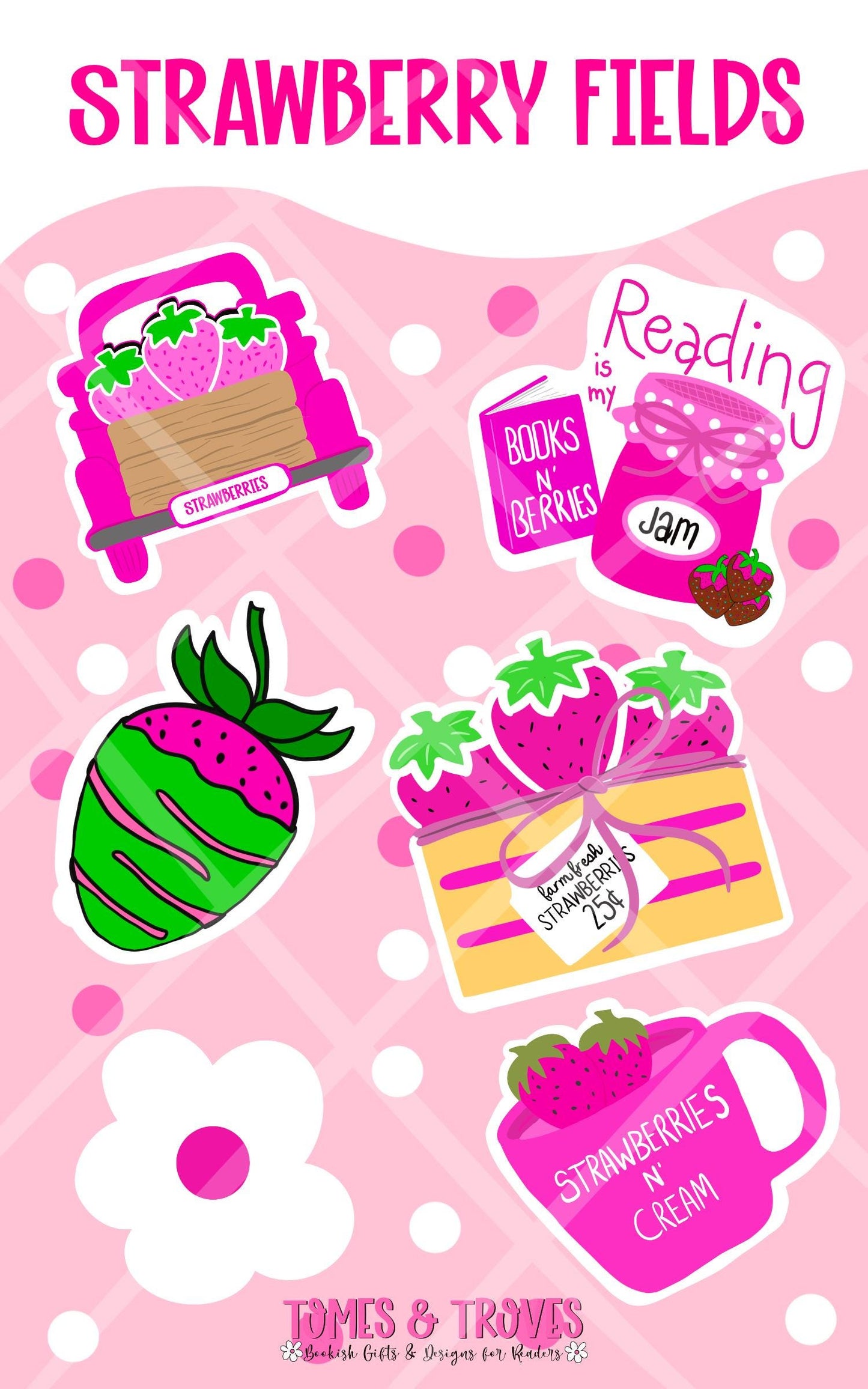 Strawberry Field Sticker Sheet – Cute Strawberry-Themed Bookish Stickers, Chocolate-Covered Strawberries, Book Lover Stickers, Jam Jar, Book - Tomes and Troves
