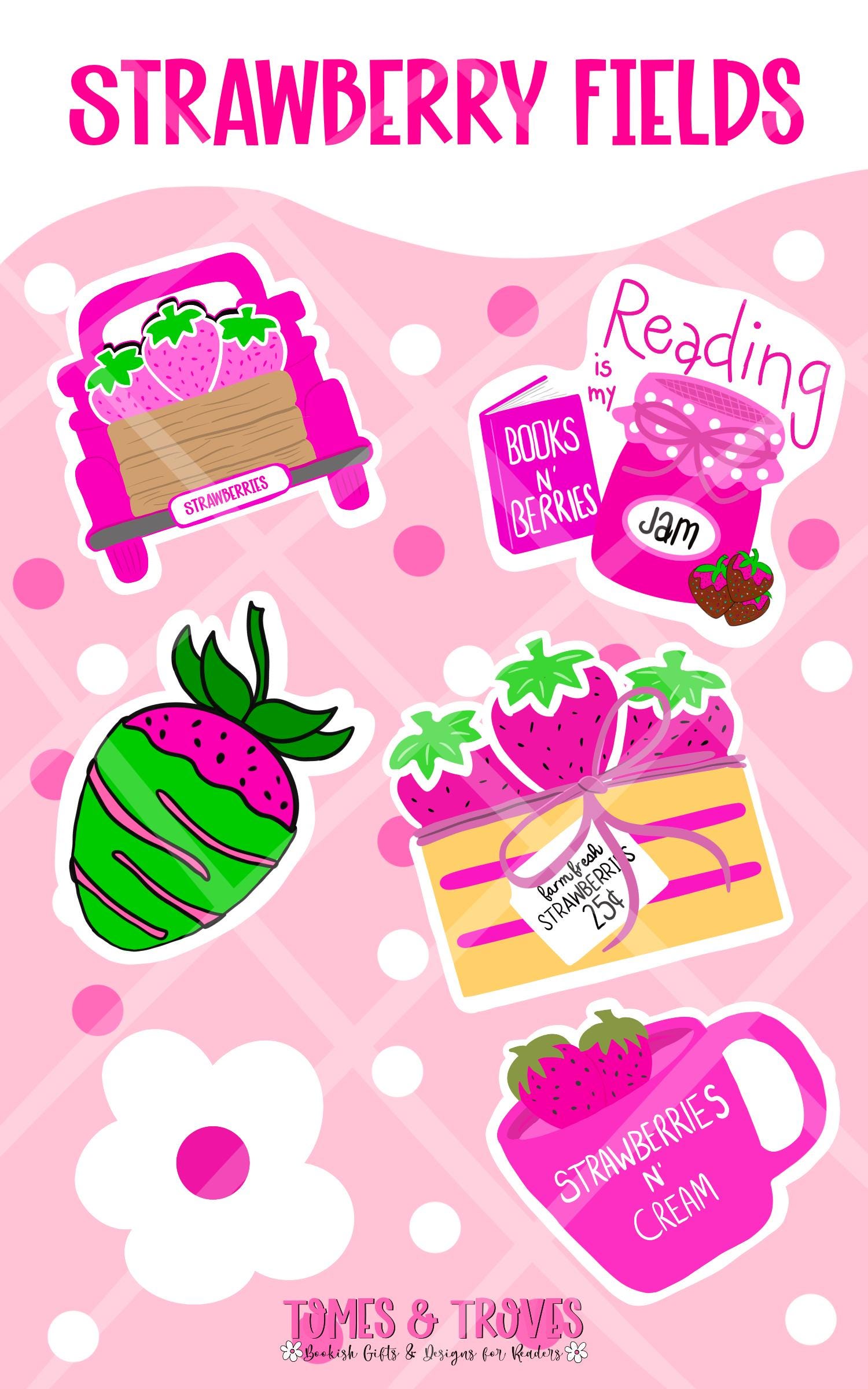 Strawberry Field Sticker Sheet – Cute Strawberry-Themed Bookish Stickers, Chocolate-Covered Strawberries, Book Lover Stickers, Jam Jar, Book - Tomes and Troves