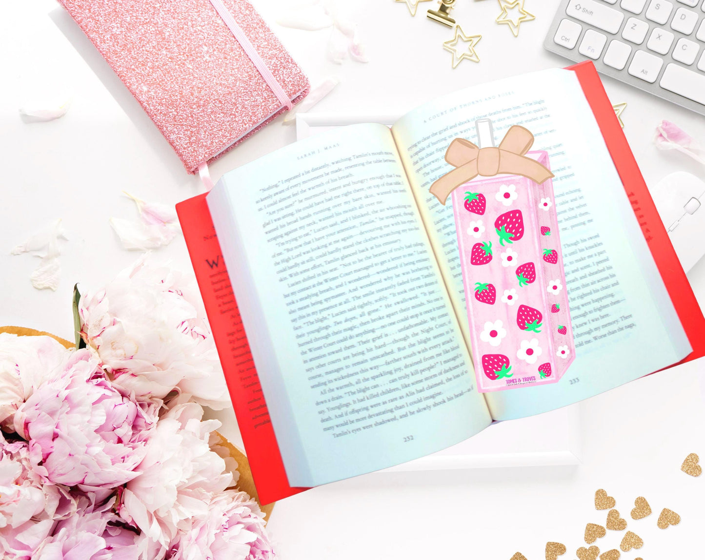Strawberry Pillar Candle Bookmark | Glitter Laminated Bookmark | Fruit-Themed Book Accessory | Whimsical Strawberry Book Lover Gift | 2.6x6 - Tomes and Troves