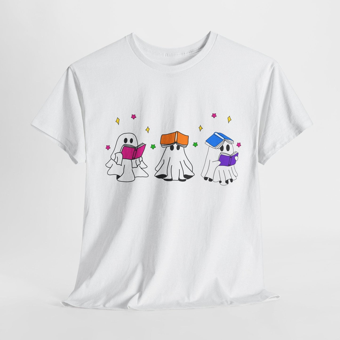 Cute hand drawn bookish Ghosts Unisex Tee, Bookish T-Shirt, Halloween Shirt, Literary Spirits Top, Ghostly Cotton Tee - Tomes and Troves