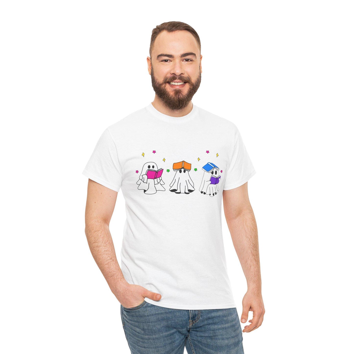Cute hand drawn bookish Ghosts Unisex Tee, Bookish T-Shirt, Halloween Shirt, Literary Spirits Top, Ghostly Cotton Tee - Tomes and Troves