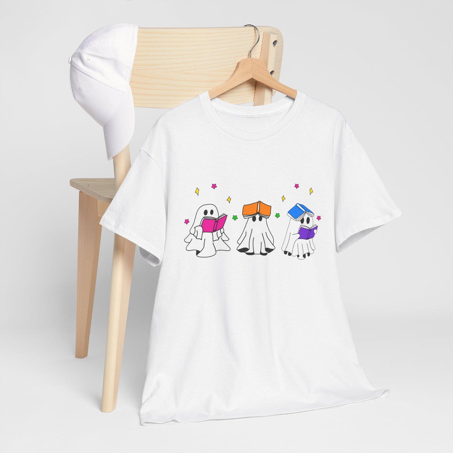 Cute hand drawn bookish Ghosts Unisex Tee, Bookish T-Shirt, Halloween Shirt, Literary Spirits Top, Ghostly Cotton Tee - Tomes and Troves