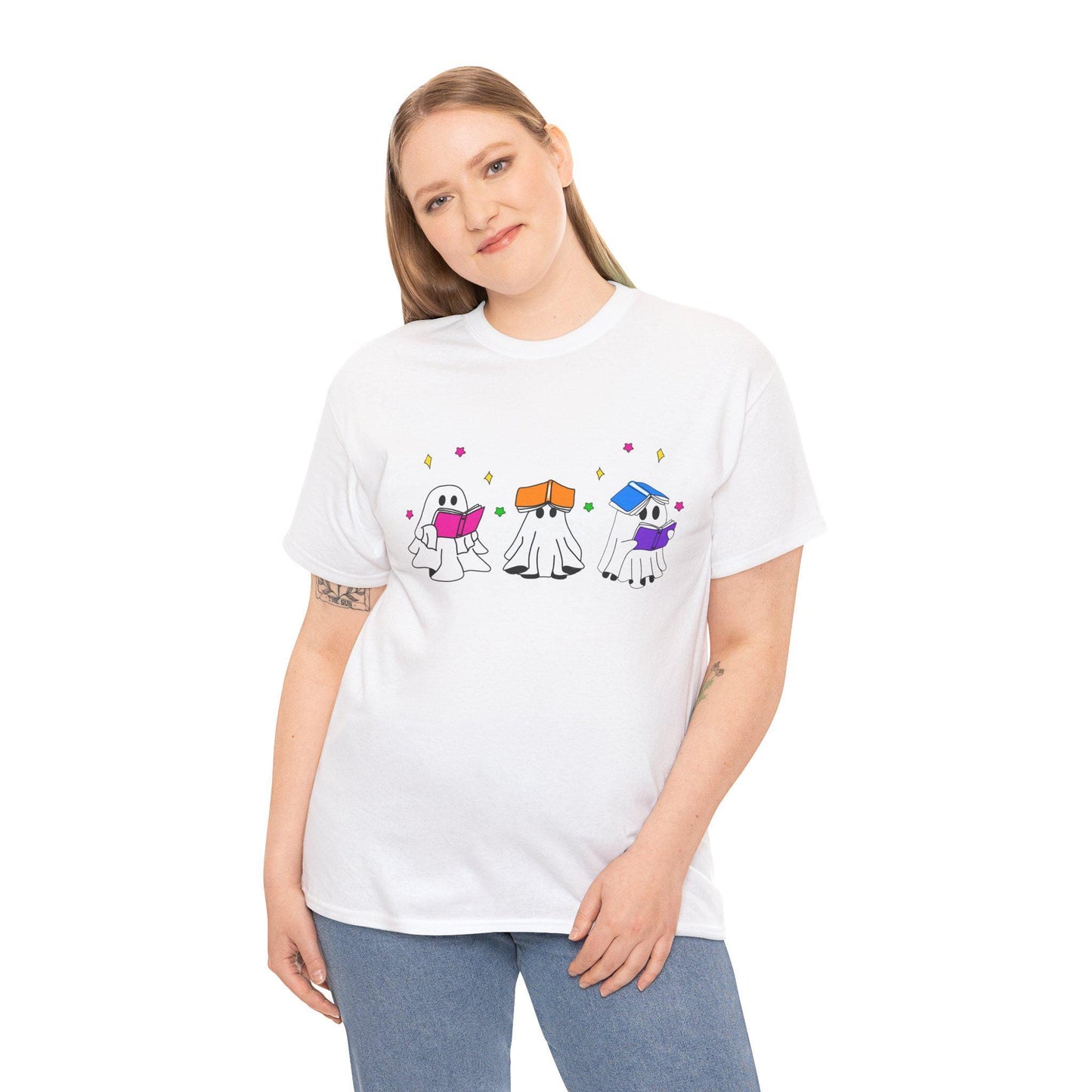Cute hand drawn bookish Ghosts Unisex Tee, Bookish T-Shirt, Halloween Shirt, Literary Spirits Top, Ghostly Cotton Tee - Tomes and Troves