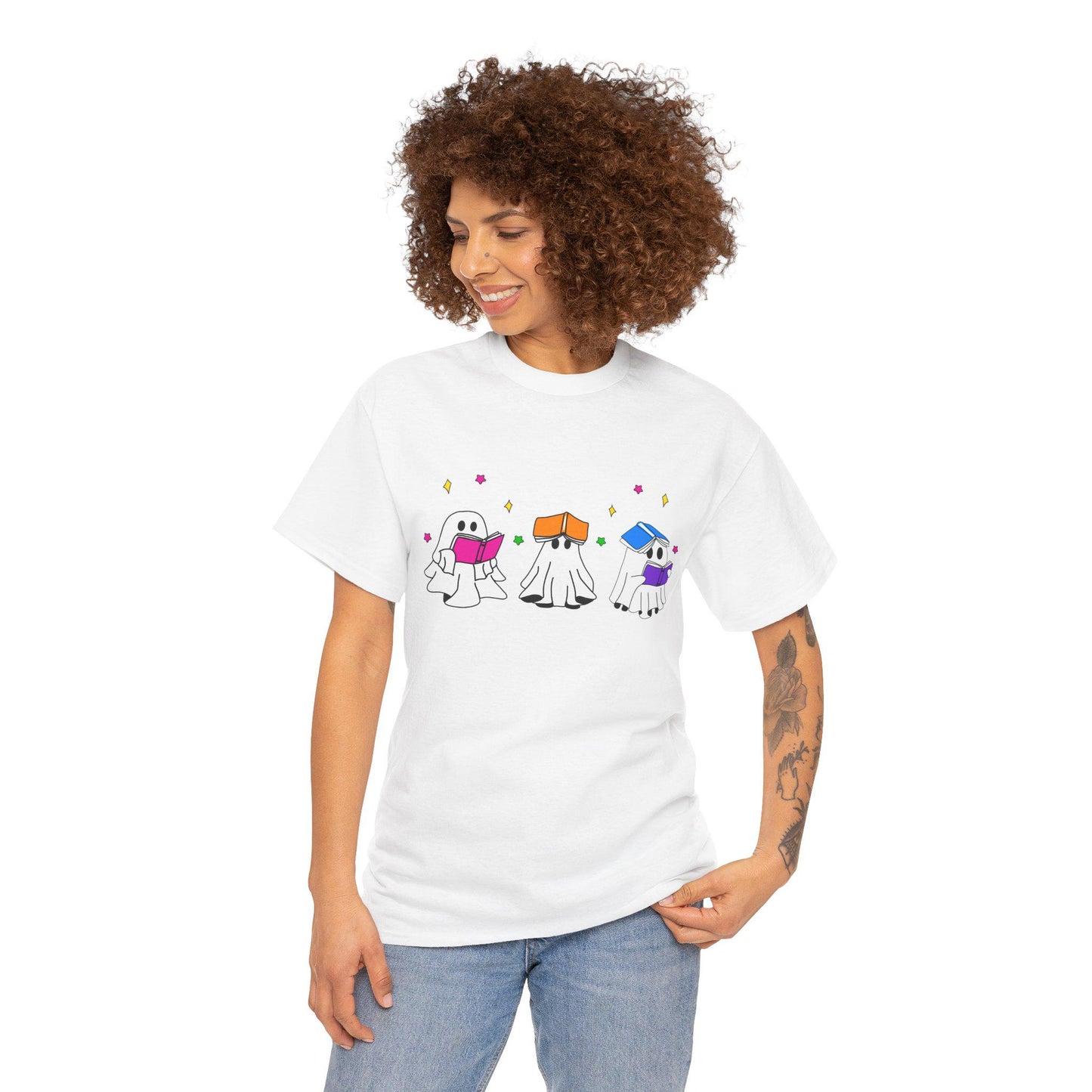 Cute hand drawn bookish Ghosts Unisex Tee, Bookish T-Shirt, Halloween Shirt, Literary Spirits Top, Ghostly Cotton Tee - Tomes and Troves