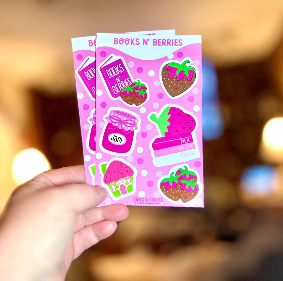 Strawberry Field Sticker Sheet – Cute Strawberry-Themed Bookish Stickers, Chocolate-Covered Strawberries, Book Lover Stickers, Jam Jar, Book - Tomes and Troves