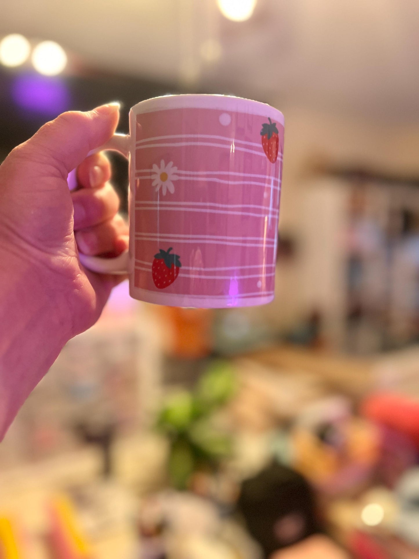 Strawberry Fields Mug – 11 oz Ceramic Mug with Hand-Drawn Pink Plaid, Strawberries & Daisies - Tomes and Troves