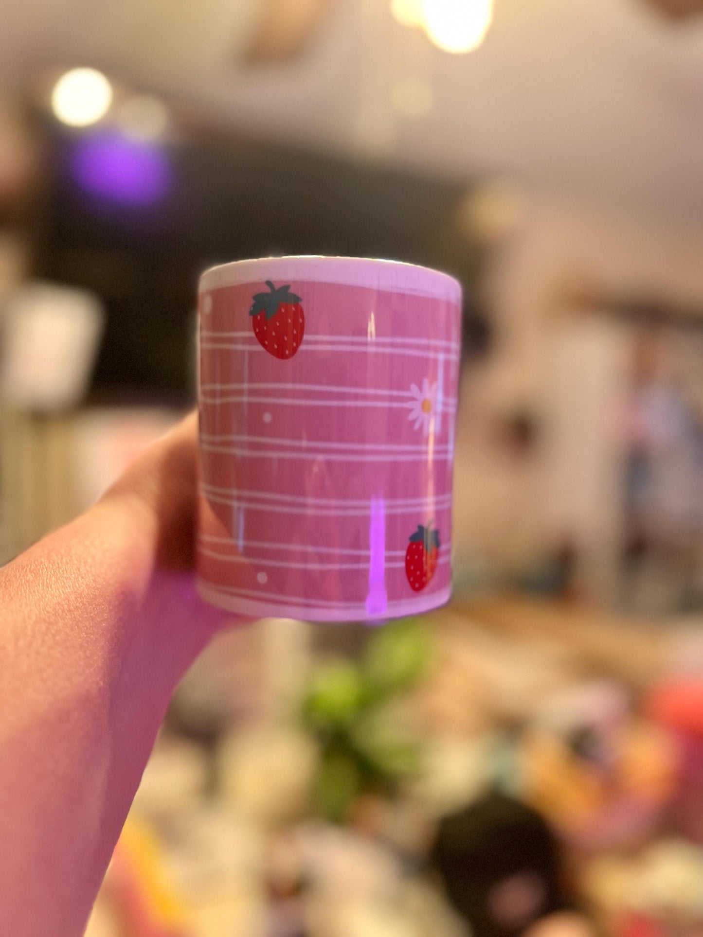 Strawberry Fields Mug – 11 oz Ceramic Mug with Hand-Drawn Pink Plaid, Strawberries & Daisies - Tomes and Troves