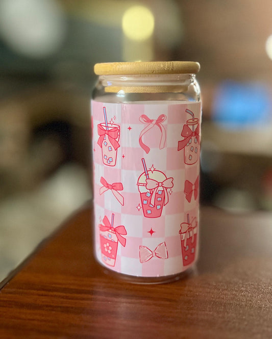 Pink Boba Tea Glass Storage Jar | Cute Kawaii Checkered Jar with Bows & Bubble Tea | Airtight Bamboo Lid | Girly Gift for Boba Lovers - Tomes and Troves