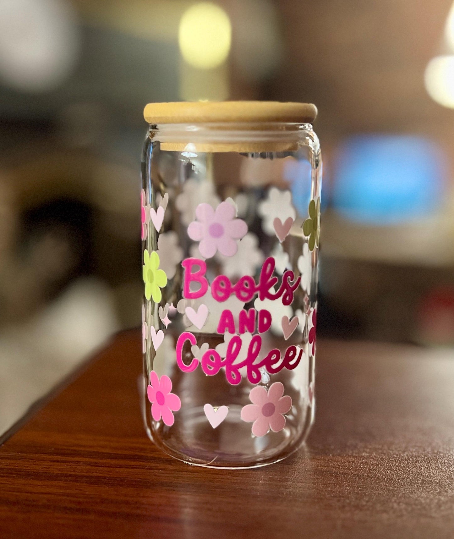 Books and Coffee Glass Storage Jar | Cute Flower Heart Bookish Kitchen Decor | Airtight Bamboo Lid | Gift for Readers & Coffee Lovers - Tomes and Troves
