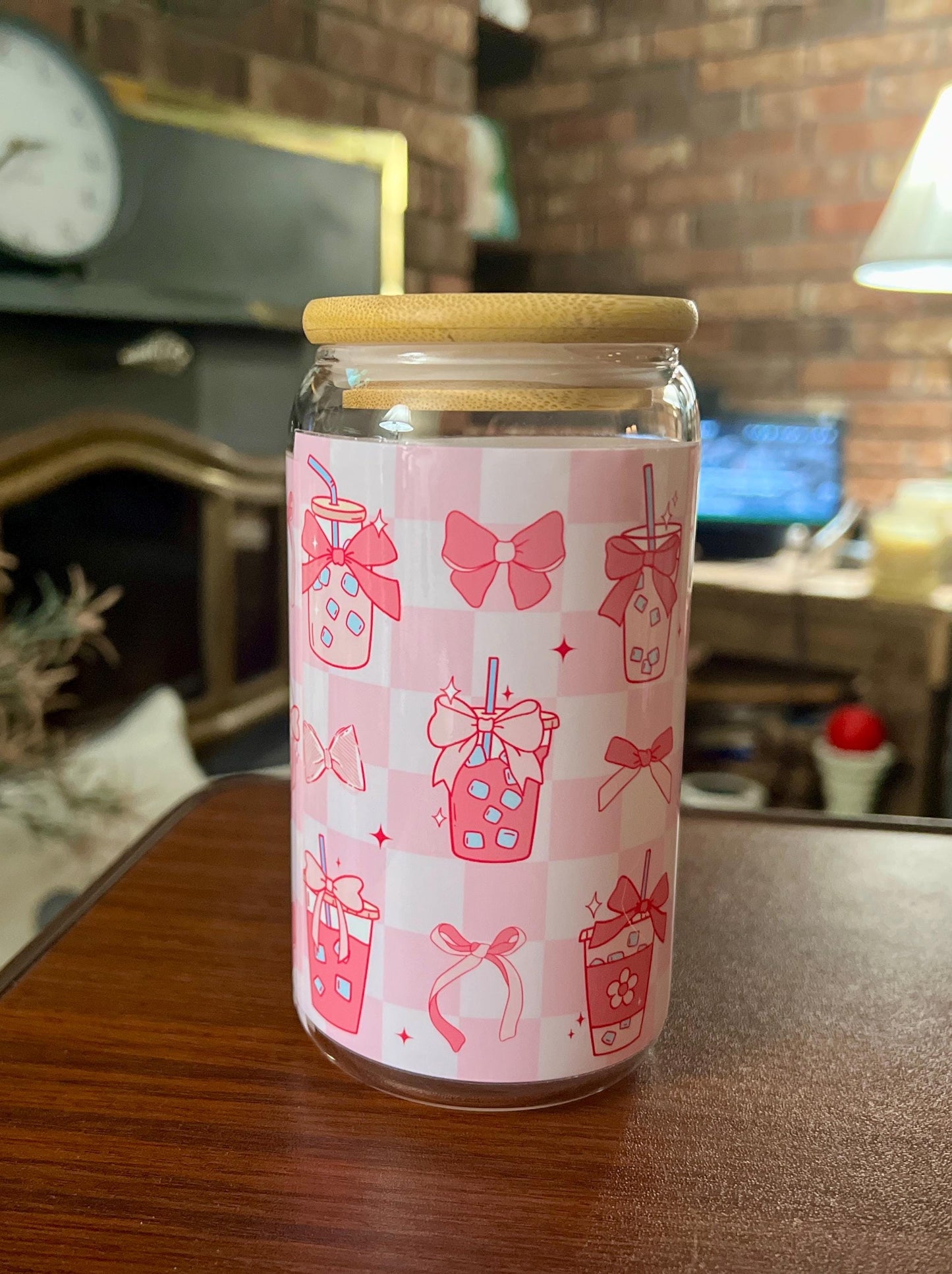 Pink Boba Tea Glass Storage Jar | Cute Kawaii Checkered Jar with Bows & Bubble Tea | Airtight Bamboo Lid | Girly Gift for Boba Lovers - Tomes and Troves