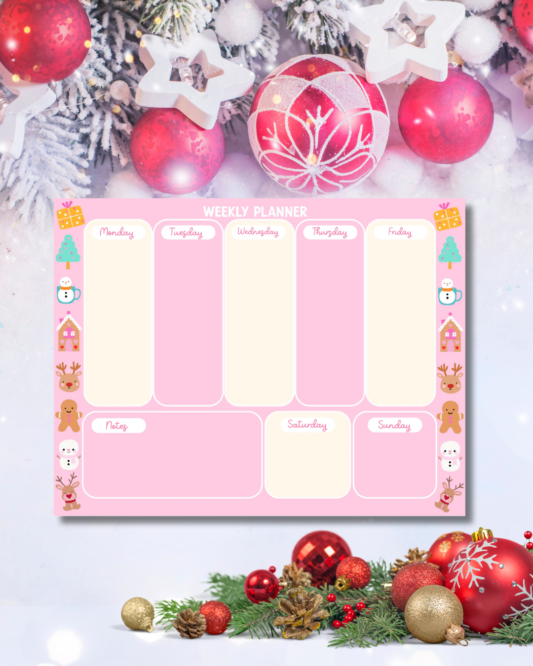 Pink Christmas weekly planner pad with reindeer, gingerbread, and snowman illustrations — Tomes & Troves