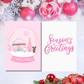 Pink Christmas greeting card with snow globe illustration and Season’s Greetings text — Tomes & Troves