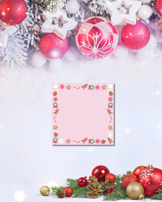 Pink Christmas sticky note pad with gingerbread, candy cane, and snowflake border — Tomes & Troves