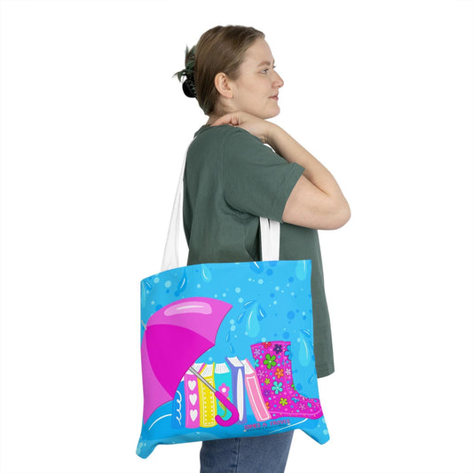 Rainy Day hand drawn Shoulder Tote Bag - Colorful Umbrella, Books & Rain Boots Design, Perfect for Spring, Beach, Shopping, Gifts - Tomes and Troves
