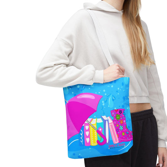 Colorful hand drawn  Rainy Day Tote Bag, Waterproof Shopping Bag for Book Lovers, Cute Gift for Rainy Days, Spring - Tomes and Troves