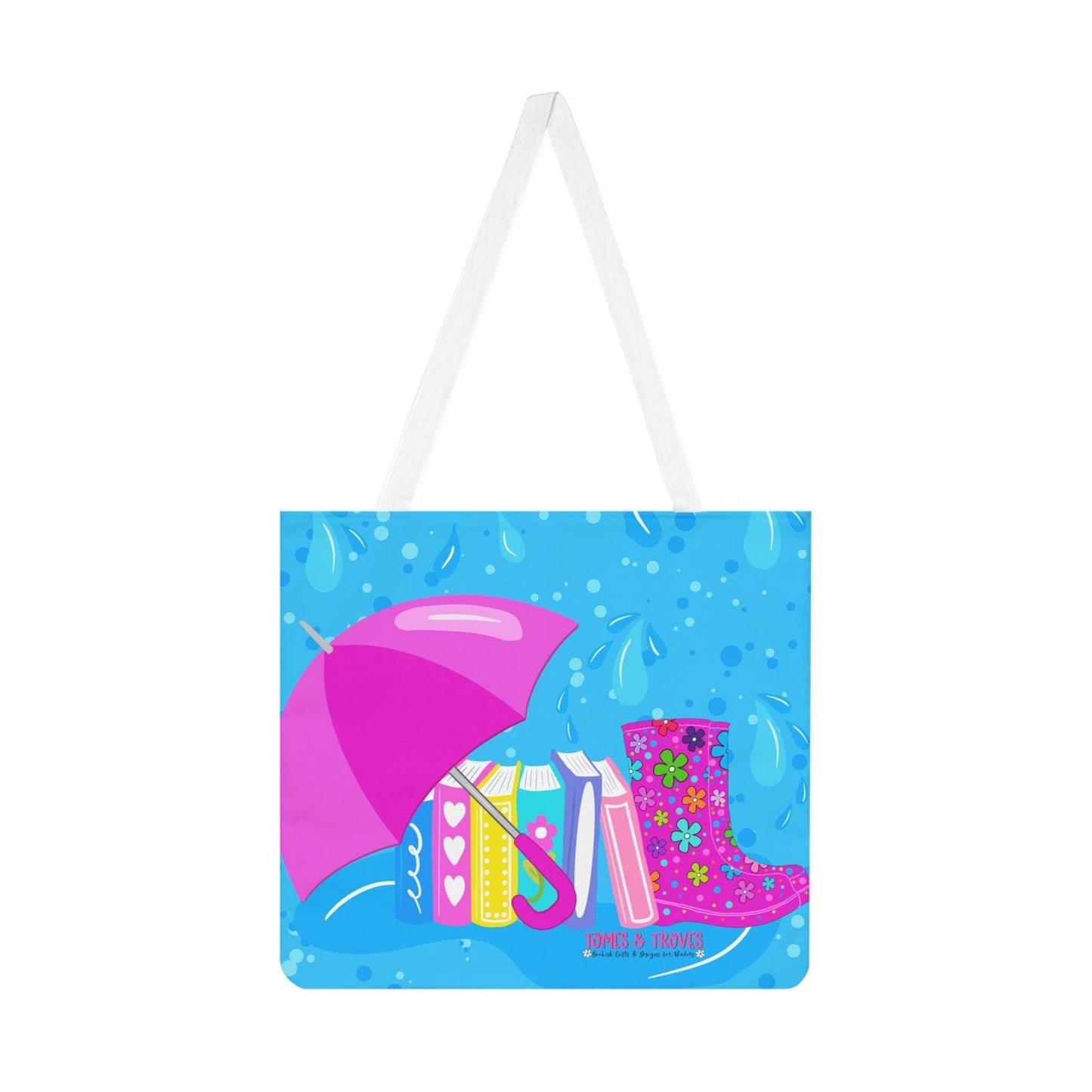 Rainy Day hand drawn Shoulder Tote Bag - Colorful Umbrella, Books & Rain Boots Design, Perfect for Spring, Beach, Shopping, Gifts - Tomes and Troves