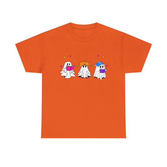 Cute hand drawn bookish Ghosts Unisex Tee, Bookish T-Shirt, Halloween Shirt, Literary Spirits Top, Ghostly Cotton Tee - Tomes and Troves