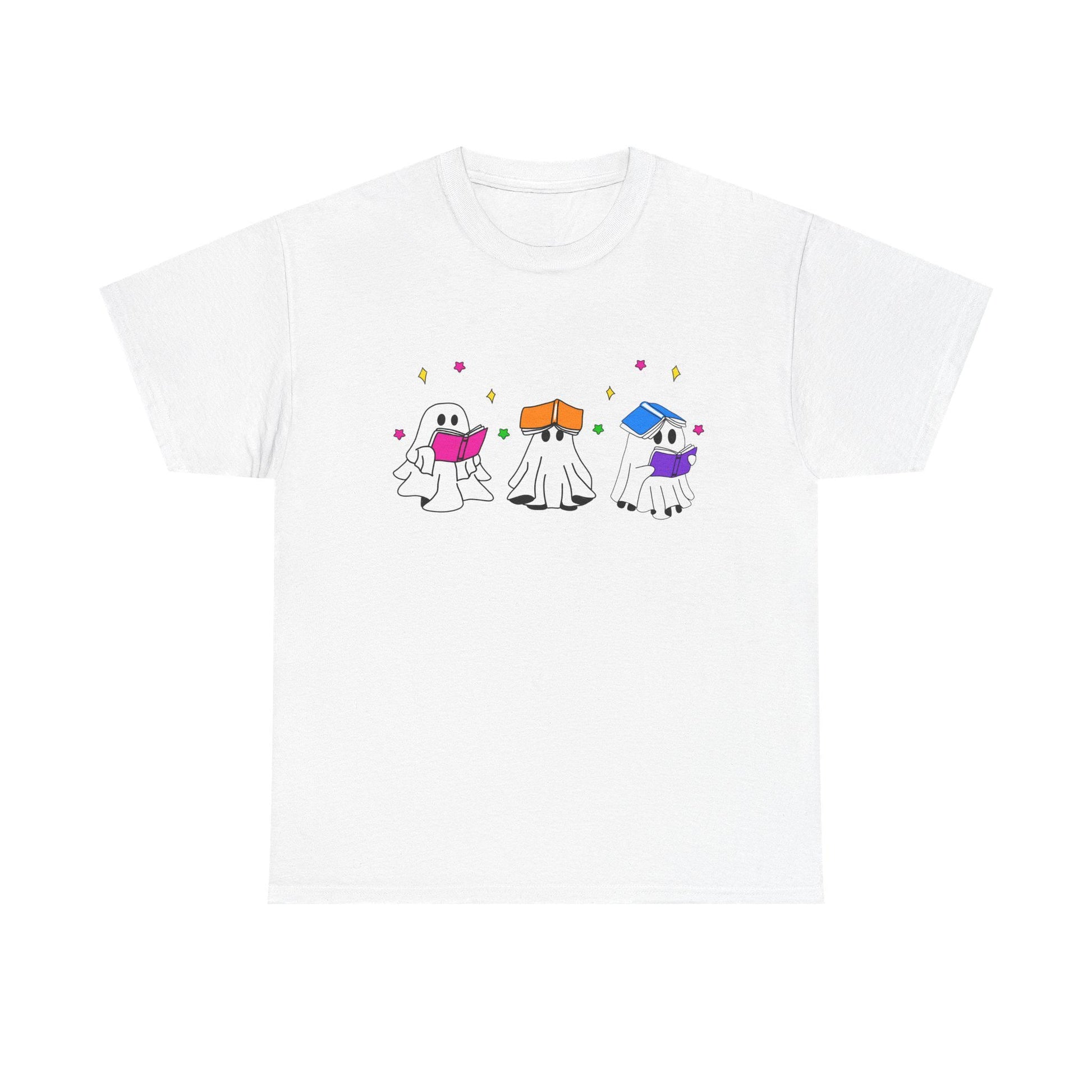 Cute hand drawn bookish Ghosts Unisex Tee, Bookish T-Shirt, Halloween Shirt, Literary Spirits Top, Ghostly Cotton Tee - Tomes and Troves