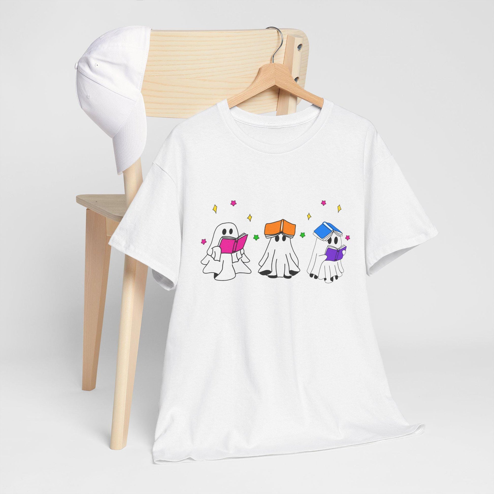 Cute hand drawn bookish Ghosts Unisex Tee, Bookish T-Shirt, Halloween Shirt, Literary Spirits Top, Ghostly Cotton Tee - Tomes and Troves